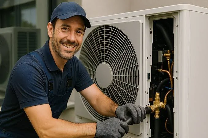 HVAC technician servicing an outdoor air-conditioning unit